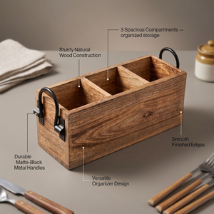 Porte-couverts rectangulaire multifonctionnel en bois de manguier, moderne, durable et écoresponsable, à un seul niveau, pour organiser les couverts - Product Image 6