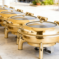 Chauffe-Plats Hydraulique Doré 6 Litres avec Couvercle en Verre – Ensembles de Luxe pour Buffets et Réchauds Alimentaires en Acier Inoxydable – Équipement de Restauration