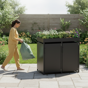 Outdoor Trash Can Enclosure <strong>Garden</strong> Furniture Outdoor Garbage Can Box UV-resistant Wheelie <strong>Bin</strong> <strong>Storage</strong> with Planter Roof - Product Image 1