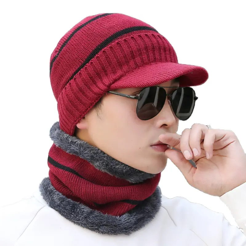 HJH463 Visor Brim Earflap Beanie Hat with Circle Scarf Knitted Thicken Plush Lined Skullies Cap Windproof Winter Hats Scarf Set