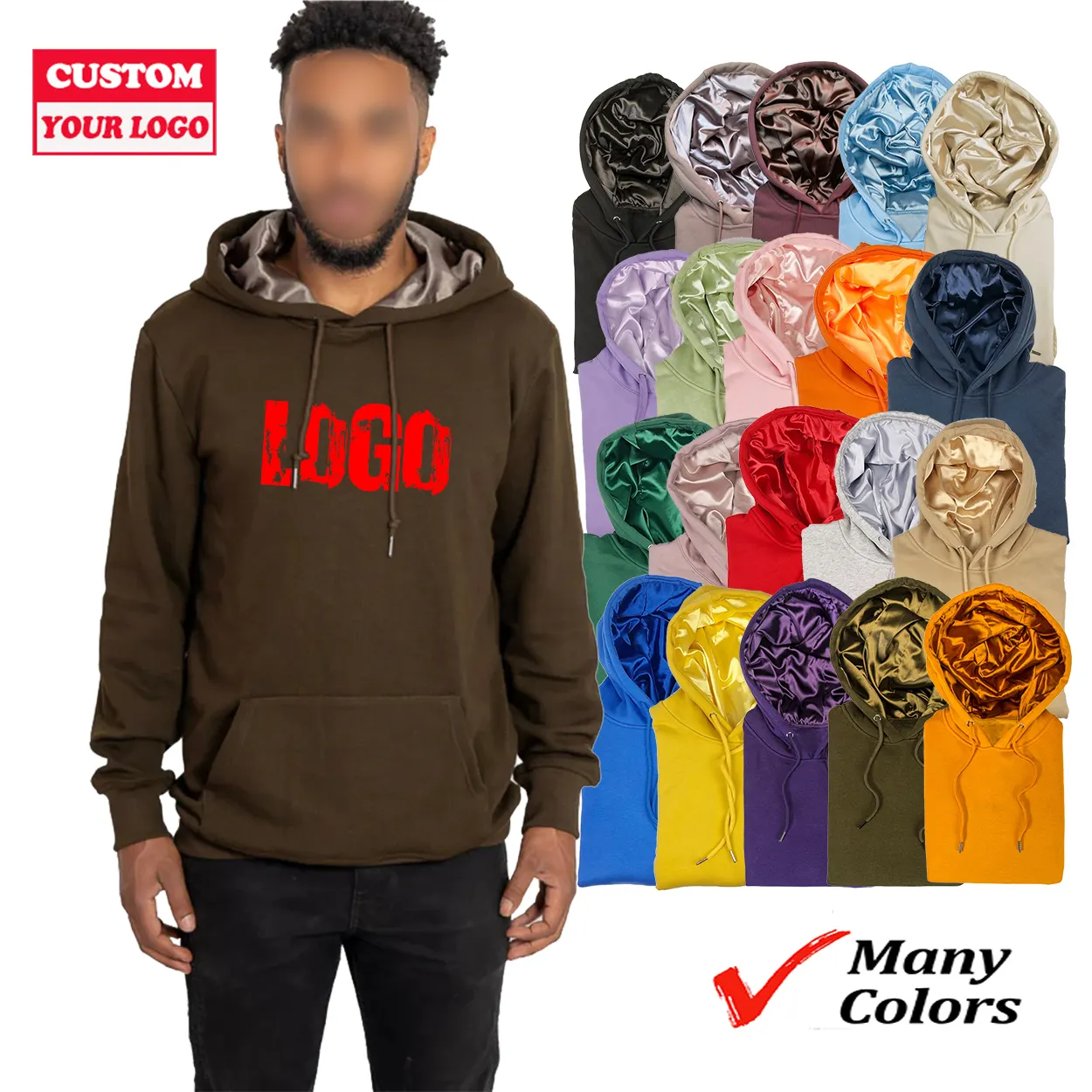 Wholesale Custom Embroidery Chenille Hoodie With Satin Silk Hood Personalized Embroidered Logo Design Silk Satin Lined Hoodies