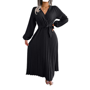 Europa Venta caliente de las mujeres de la nueva moda de manga larga con cuello en V vestido plisado elegante Casual Color sólido cinturón de encaje para el verano - Product Image 4