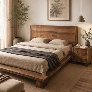Letto <span class=keywords><strong>in</strong></span> <span class=keywords><strong>Legno</strong></span> <span class=keywords><strong>Massello</strong></span> Stile Wabi-sabi, Struttura Letto King Size, Letto Matrimoniale Moderno con Piattaforma - Product Image 4