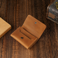 Dompet Kartu Mini Kulit Crazy Horse Vintage 4 Inci dengan Kantong Koin Kancing untuk Pria & Wanita, Tempat Kartu Kredit/Bisnis