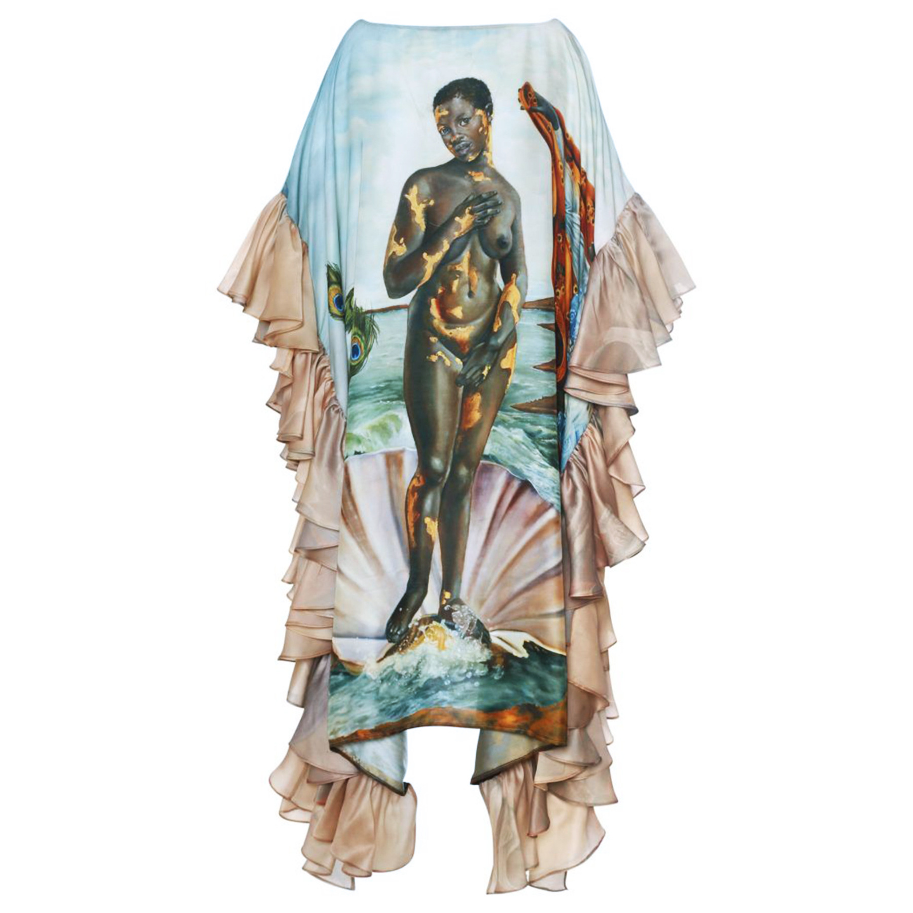 Figura color champagne su sfondo blu.