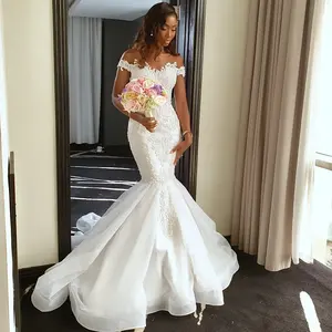 Elegant Black Girls Mermaid Wedding Dress 2024 Sexy Off The Shoulder Appliques Lace Country Garden Wedding Gowns African Women B