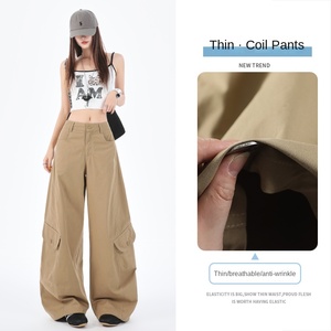 Pantaloni <span class=keywords><strong>Cargo</strong></span> da <span class=keywords><strong>donna</strong></span> con stile retrò americano Ultra-sottile a vita alta Multi-tasca ampia a gamba larga - Product Image 3