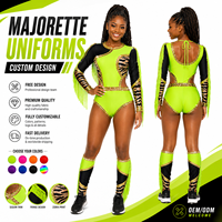 Uniforme de Majorette Personalizado Verde Neón, Negro y Dorado con Lentejuelas, Estampado de Cebra, Manga Única, Flecos Laterales, Corte Alto, Leotardo y Conjunto de Mangas para Piernas