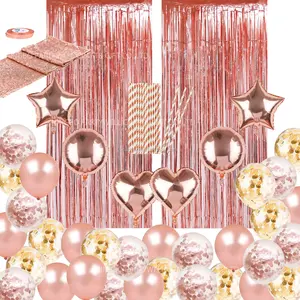 Rose Gold Party Decorations Set Wedding decorations Rose Gold Straws Foil Balloons Foil Fringe Curtain sequin Table Runner