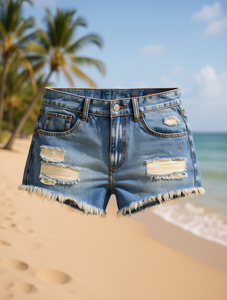 Shorts en jean déchiré pour femme, taille haute, ourlet effiloché, coupe droite, décontracté, lavable, couleur unie - Product Image 2