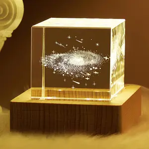 2024 New Night Light Laser Moon Crystal Block Cube Paperweight With Wooden Light Base MH-F0597