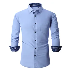 Camisa elástica de manga larga estampada para hombre, ropa informal de negocios, sin hierro, con cuello entrelazado, gran oferta