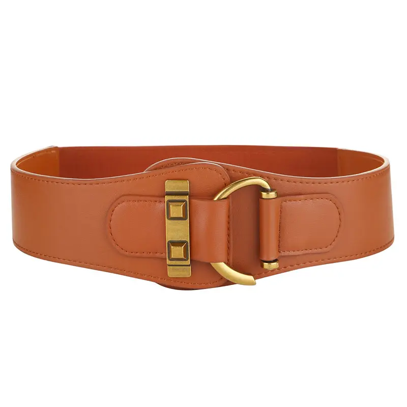 Custom Luxury Elastic Camel Color Leather Women Wide Waist Belt