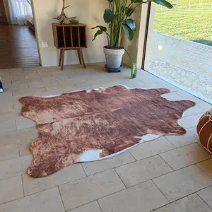 Large Cow Print Rug for Bedroom, Faux Fur Animal Cow Hide Carpet for Western Decor Living Room, Brown