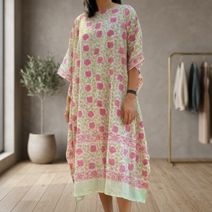Vestido Largo Holgado con Estampado Floral Rosa, Cuello Redondo, Manga Tres Cuartos, Estilo Boho, Kaftán de Algodón, Transpirable, Vestido Informal de Verano - Product Image 1