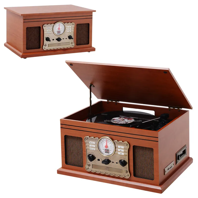 Nostalgic 6-in-1 BT Record Player Multimedia Center Built-in Speakers 3-Speed Turntable CD Cassette Player AM FM Radio