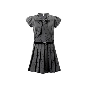 Petite Women Grey Polka Dot Dress Fitted Waist A Line Pleated Skirt Tie Neck Summer Casual Dress Daily Wear - Product Image 5