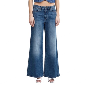 Custom Logo Fashion Washed Luxury <b>Jeans</b> High Waist Women <b>Vintage</b> Medium Blue Wide Led <b>Flare</b> <b>Jeans</b> - Product Image 4