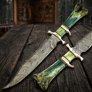 Premium Damascus Steel Straight Edge Clip Point Durable Camping Bowie <b>Knife</b> Green Camel <b>Bone</b> <b>Handle</b> Brass Guard OEM Logo Leather - Product Image 3
