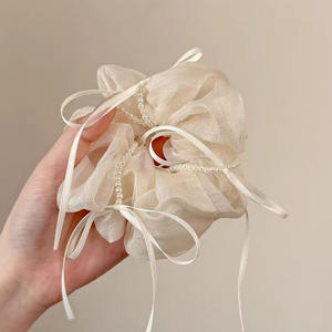 Coleteros de malla de color liso con lazo de perlas dulces de 12 cm para mujer, accesorios para el cabello - Product Image 5