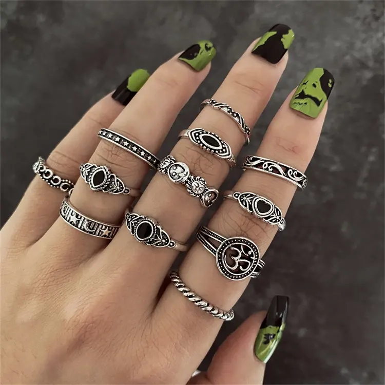 VKME 12pcs Retro Vintage carved Cubic zirconia Ring Sets boho fingertips party silver Sunflower Geometric Knuckle rings Set