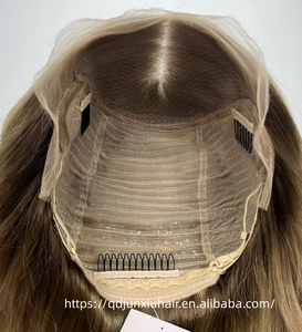 Perruque fine en cheveux naturels russes slaves avec dessus en dentelle, mèches brunes, filet invisible, nœuds simples, pour femmes - Product Image 4