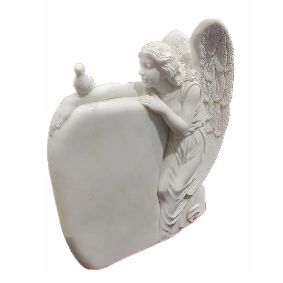 Estátua de Anjos chorando em mármore branco com gravuras esculpidas em lápides e pedras com desenhos de asas de anjo Preços