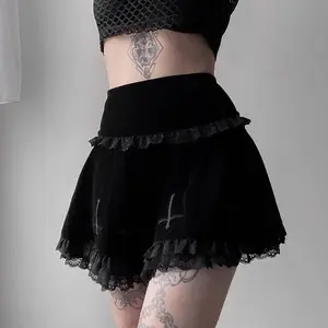 Ecowalson Rok Beludru Gotik Grunge Gelap Goth Rok Pinggang Tinggi Segaris A Rok Hitam Wanita Antik Seksi