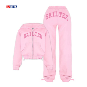 Women's Jogging Set Custom <strong>Pink</strong> Tracksuit Two Piece Cropped Zip up Hoodie and Pants Set High Quality Cotton <strong>Outfits</strong> for Ladies - Product Image 1