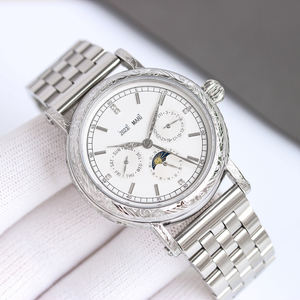 Montre mécanique de luxe à plusieurs cadrans, affichage complet de la date et des phases lunaires, lunette à motif gravé, index sertis de diamants - Product Image 4