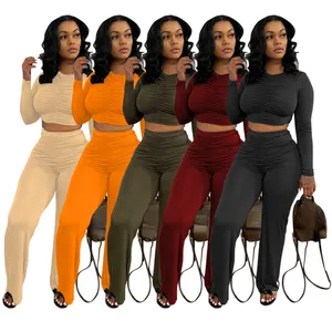 ZOYIAME Herbst Winter Anzüge Set Outfits Langarm Crop Top und Wide Leg Pants Damen bekleidung 2-teiliges zweiteiliges Set Herbst