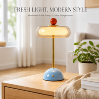 Lampe de table en forme de champignon rechargeable, tactile, 3 couleurs à intensité variable, style nordique, base en verre et fer, lampe de chevet pour chambre à coucher, salon