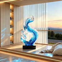 Jingyue OEM ODM Grande Statue Abstraite Artistique en Résine Bleue Transparente, Peinte à la Main, au Design Ondulé et Fluide, pour Entrée de Centre Commercial et Club