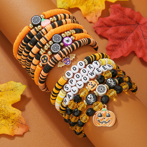 Halloween <b>Beaded</b> <b>Bracelets</b> Set Orange Black Pumpkin Spider Skull Charm Unisex Jewelry for Party Costume Accessory - Product Image 1
