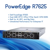 Nouveau serveur d'entreprise Dell PowerEdge R7625 optimisé pour les GPU, avec processeur AMD EPYC, mémoire DDR5 PCIe Gen5, et disques NVMe, SAS, SATA