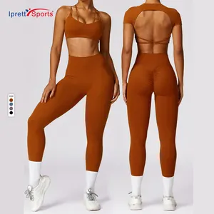 Top Sexy New Design Woman Gym 2 Pieces Clothing Fitness Soft Bra Sets Workout Backless Short Sleeve Set