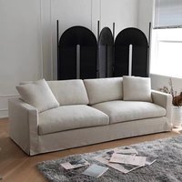 Französisches Dreisitzer-Sofa für Wohnzimmer, Geradlinig, Beige, Amerikanischer Landhausstil, Abnehmbar, Waschbar, mit Volant, aus Hanfgewebe