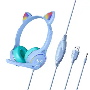 야외 스포츠 휴대용 귀여운 Led 고양이 귀 무선 스테레오 음악 이어폰 소녀를위한 게임 이어폰 헤드폰