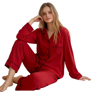 Women's <b>Red</b> Satin Long Sleeve Pajama Set Classic Turn-Down Collar Full Length Smooth Sleepwear Autumn Wear GOTS Certified - Product Image 3