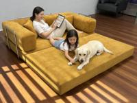 Sofá Modular de Felpa Amarillo Mostaza, Estructura Metálica Plateada, Moderno, para Villa, Escuela, Oficina, Espacio Pequeño
