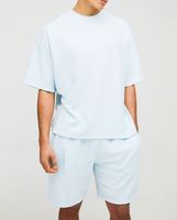 Conjunto de Camiseta y Pantalones Cortos de Punto Acanalado Azul Claro para Hombre, Cuello Redondo, Ropa Casual de Verano, Transpirable, Color Sólido, Corte Holgado