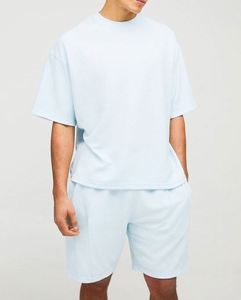 Conjunto de Camiseta y Pantalones Cortos de Jersey Acanalado Azul Claro, Talla Grande para Hombre, Tejido de Punto de Calidad, Traje Deportivo - Product Image 1