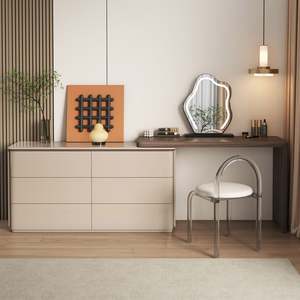 Modern Minimalist LED High-End Plywood <b>Lighted</b> <b>Mirror</b> Integrated Storage Cabinet Solid Wood Luxury Dressing Table for Home - Product Image 3