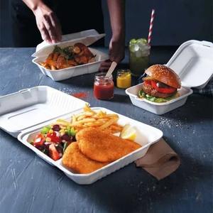 500g Paper-Based Biodegradable Bagasse Clamshell Box Compostable Sugarcane Fiber <b>Takeaway</b> <b>Container</b> <b>with</b> Hinged <b>Lid</b> - Product Image 1