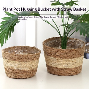Panier de fleurs en paille tressée fait main, <span class=keywords><strong>pot</strong></span> de fleurs en jonc de mer style nordique avec doublure, couvercle de <span class=keywords><strong>pot</strong></span> de plante intérieur/extérieur pour la décoration de la maison - Product Image 4