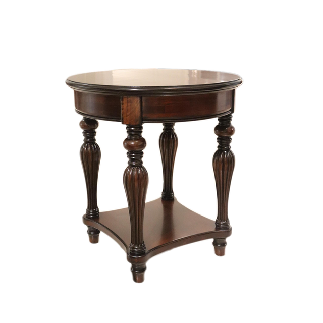 Traditional Solid Wood Round End Table 2-Tier Vintage Side Table with Carved Fluted Legs Classic Living Room Sofa Table