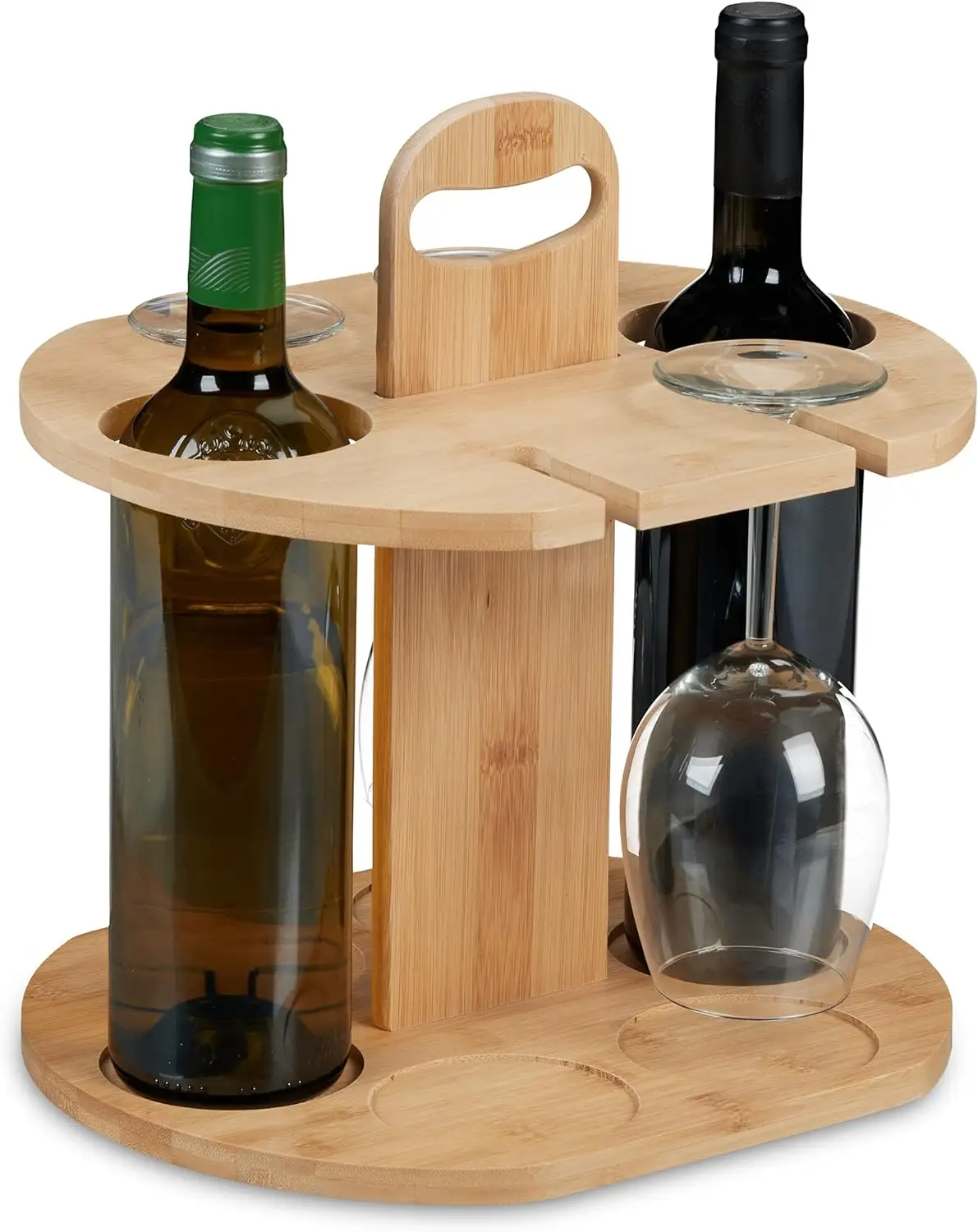 竹製ワインラックには、テーブルバーディナー用のワイン愛好家のギフト用に2本のボトルと4本の背の高いグラスが収納されています