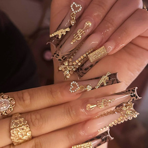 24 Uñas Postizas de Leopardo con Diamantes de Imitación Dorados, Desmontables, de Cobertura Completa, Brillantes, Formato Ataúd para Mujer - Product Image 1