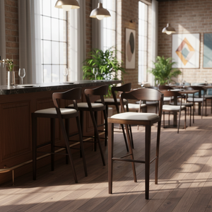 Stylish Wooden Bar <b>Stool</b> with Upholstered <b>Seat</b> and Curved Back Design for Dining Room Restaurant and Outdoor Areas - Product Image 3