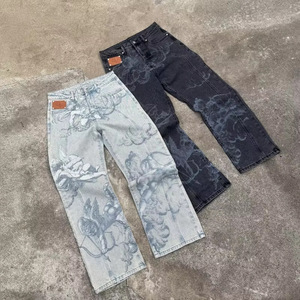 <span class=keywords><strong>Jeans</strong></span> Larghi Vintage da Uomo, Gamba Dritta, Nero e Bianco, Lavaggio Acido, Stampa Oversize con Motivo Angelo, Denim Hip Hop Invernale - Product Image 1